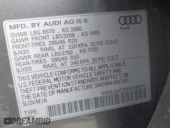 2017 Audi Q7 Premium Plus with VIN WA1LAAF75HD018870, listed as a IAAI auction lot 41988405 with 84,897 mi miles. Bid and sale history available at carsss.com. Image 9.