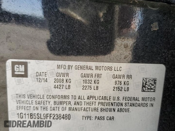 2015 Chevrolet Malibu LS with VIN 1G11B5SL9FF238480, listed as a Copart auction lot 50763465 with 30,219 mi miles and Salvage Title. Bid and sale history available at DreamBid. Image 12.