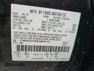 2022 Ford Explorer XLT с VIN 1FMSK8DH6NGB04116, выставлен на аукционе IAAI как лот 42733885 с пробегом 108 197 миль миль и . История ставок и продаж доступна на DreamBid. Изображение 16.