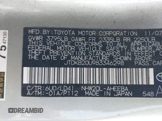 2008 Toyota Prius with VIN JTDKB20U983346298, listed as a IAAI auction lot 42224566 with 93,999 mi miles and . Bid and sale history available at DreamBid. Image 9.