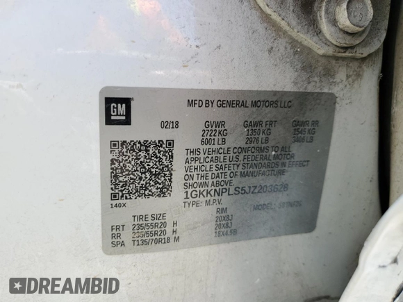 2018 GMC Acadia Denali with VIN 1GKKNPLS5JZ203628, listed as a Copart auction lot 60729155 with Not provided miles and Salvage title. Bid and sale history available at DreamBid. Image 13.