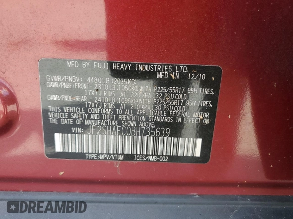 2011 Subaru Forester X Limited with VIN JF2SHAFC0BH735639, listed as a Copart auction lot 73809634 with 225,453 mi miles and Salvage title. Bid and sale history available at DreamBid. Image 14.