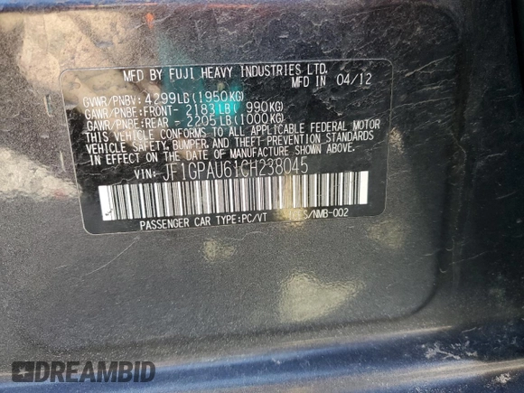 2012 Subaru Impreza Special Sports Limited with VIN JF1GPAU61CH238045, listed as a Copart auction lot 47095165 with 162,929 mi miles and Salvage title. Bid and sale history available at DreamBid. Image 12.
