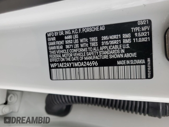 2021 Porsche Cayenne E-Hybrid Hybrid z VIN WP1AE2AY1MDA24696, wystawiony jako Copart lot #54376945 z przebiegiem 36 303 mil mil oraz Szkoda całkowita • Salvage title. Historia ofert i sprzedaży dostępna na DreamBid. Obrazek 13.