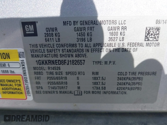 2015 GMC Acadia SLE with VIN 1GKKRNED8FJ182657, listed as a IAAI auction lot 41912524 with 162,134 mi miles and . Bid and sale history available at DreamBid. Image 9.