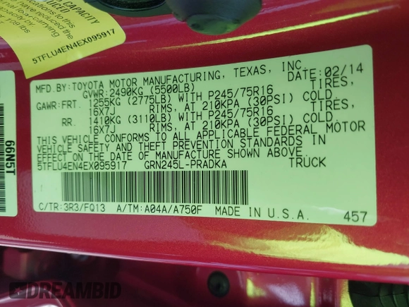 2014 Toyota Tacoma with VIN 5TFLU4EN4EX095917, listed as a IAAI auction lot 41820691 with 59,823 mi miles and . Bid and sale history available at DreamBid. Image 9.