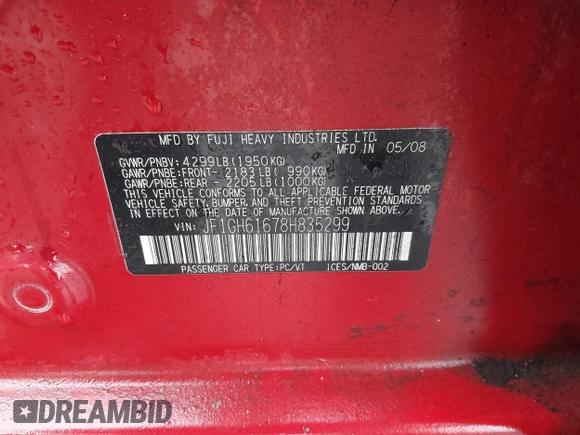 2008 Subaru Impreza i с VIN JF1GH61678H835299, выставлен на аукционе IAAI как лот 41802509 с пробегом 176 367 миль миль и . История ставок и продаж доступна на DreamBid. Изображение 9.
