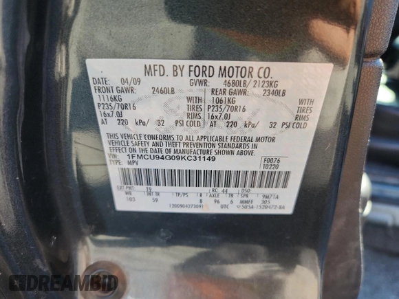 2009 Ford Escape Limited with VIN 1FMCU94G09KC31149, listed as a Copart auction lot 59239045 with 128,851 mi miles and Salvage title. Bid and sale history available at DreamBid. Image 13.