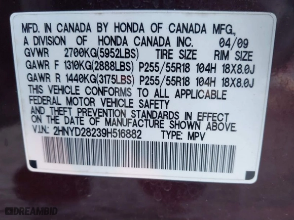2009 Acura MDX with VIN 2HNYD28239H516882, listed as a IAAI auction lot 41435243 with 136267 miles. Bid and sale history available at carsss.com. Image 9.
