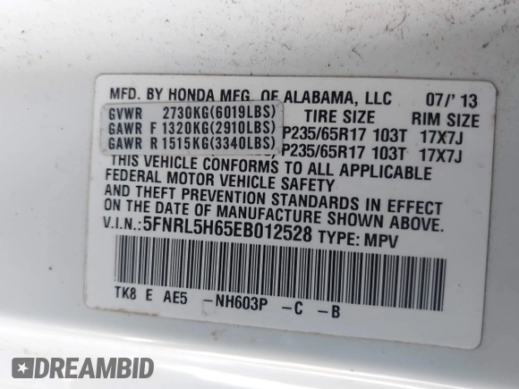 2014 Honda Odyssey EX-L with VIN 5FNRL5H65EB012528, listed as a IAAI auction lot 41951424 with 161,832 mi miles and . Bid and sale history available at DreamBid. Image 9.