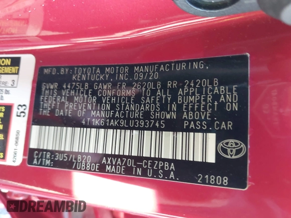 2020 Toyota Camry XSE with VIN 4T1K61AK9LU393745, listed as a IAAI auction lot 40965358 with 51,120 mi miles and . Bid and sale history available at DreamBid. Image 9.