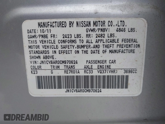 2012 Infiniti G37 x with VIN JN1CV6AR0CM970624, listed as a IAAI auction lot 41920282 with 191,409 mi miles and . Bid and sale history available at DreamBid. Image 9.
