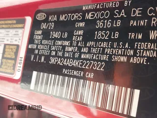 2019 Kia Rio S with VIN 3KPA24AB4KE227322, listed as a IAAI auction lot 40890906 with 114,215 mi miles. Bid and sale history available at carsss.com. Image 9.