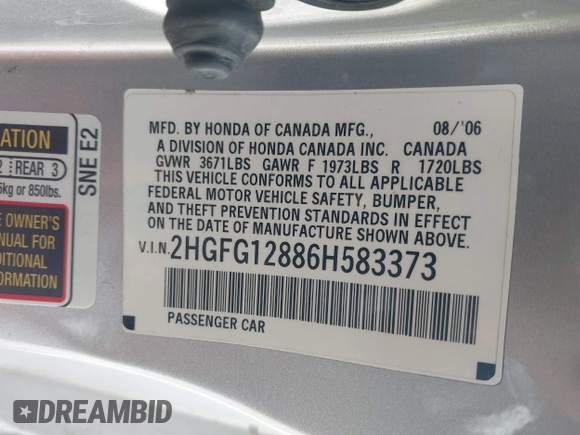 2006 Honda Civic EX with VIN 2HGFG12886H583373, listed as a IAAI auction lot 41956984 with 197,045 mi miles and . Bid and sale history available at DreamBid. Image 9.