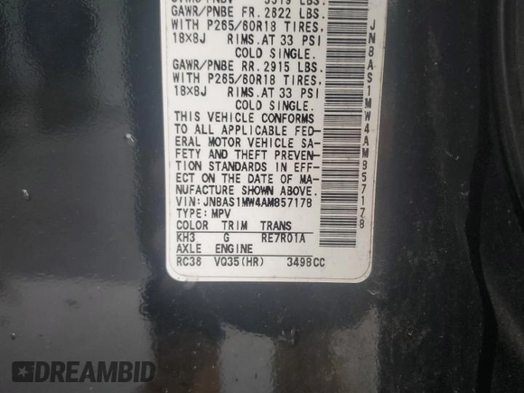 2010 Infiniti FX with VIN JN8AS1MW4AM857178, listed as a Copart auction lot 56911515 with Not provided miles and Clean title. Bid and sale history available at DreamBid. Image 12.