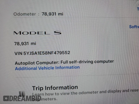 2022 Tesla Model S z VIN 5YJSA1E58NF479552, wystawiony jako Copart lot #48290275 z przebiegiem 78 931 mil mil oraz Szkoda całkowita • Salvage title. Historia ofert i sprzedaży dostępna na DreamBid. Obrazek 9.