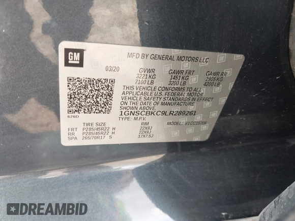 2020 Chevrolet Tahoe LT with VIN 1GNSCBKC9LR289261, listed as a IAAI auction lot 41476743 with Not provided miles and . Bid and sale history available at DreamBid. Image 9.