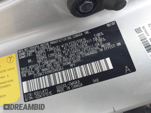 2008 Lexus RX 350 with VIN 2T2GK31U98C048363, listed as a IAAI auction lot 41856194 with 97,157 mi miles and . Bid and sale history available at DreamBid. Image 9.