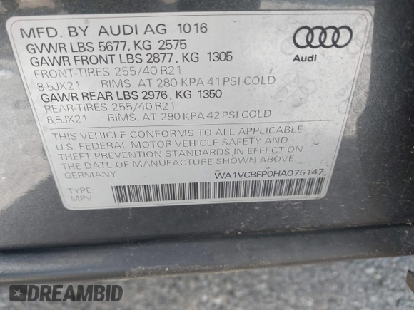 2017 Audi SQ5 with VIN WA1VCBFP0HA075147, listed as a IAAI auction lot 41765465 with 109,003 mi miles and . Bid and sale history available at DreamBid. Image 9.