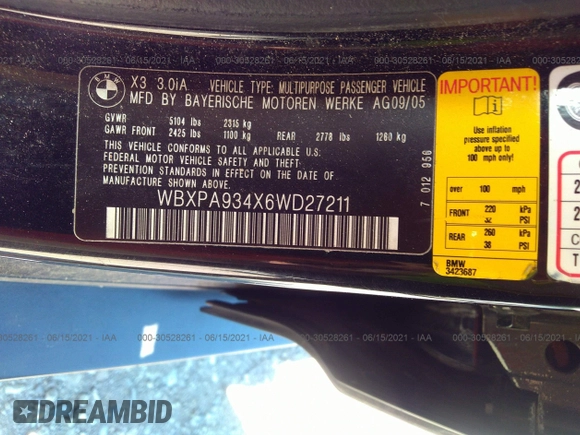 2006 BMW X3 3.0i with VIN WBXPA934X6WD27211, listed as a IAAI auction lot 34419336 with 162,597 mi miles and . Bid and sale history available at DreamBid. Image 9.