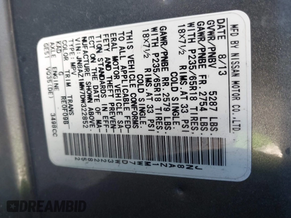 2013 Nissan Murano LE with VIN JN8AZ1MW7DW322852, listed as a IAAI auction lot 41574118 with 128,449 mi miles and . Bid and sale history available at DreamBid. Image 9.