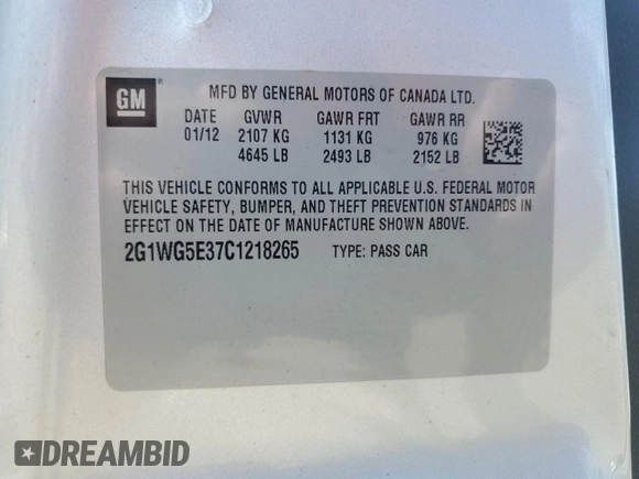 2012 Chevrolet Impala LT Fleet with VIN 2G1WG5E37C1218265, listed as a Copart auction lot 54357485 with 113,213 mi miles and Clean Title. Bid and sale history available at DreamBid. Image 12.