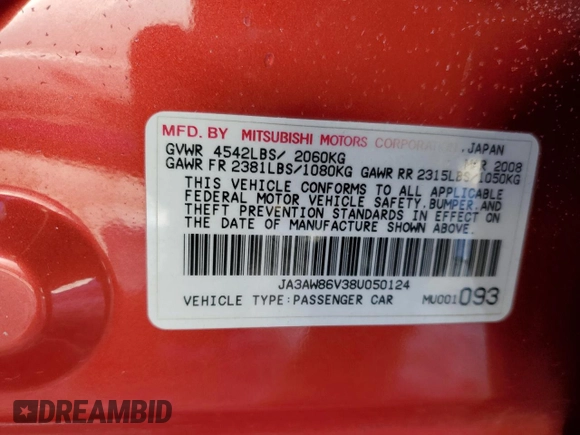 2008 Mitsubishi Lancer Evolution GSR with VIN JA3AW86V38U050124, listed as a Copart auction lot 87663485 with 153,827 mi miles and Salvage Title. Bid and sale history available at carsss.com. Image 14.