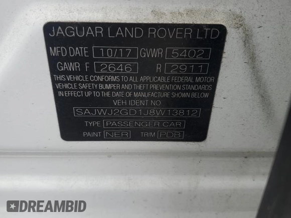2018 Jaguar XJ Portfolio with VIN SAJWJ2GD1J8W13812, listed as a Copart auction lot 76260534 with Not Provided miles and Salvage Title. Bid and sale history available at DreamBid. Image 12.