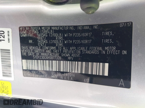 2017 Toyota Sienna XLE Auto Access Seat with VIN 5TDYZ3DC6HS877339, listed as a IAAI auction lot 42028507 with 146,437 mi miles and . Bid and sale history available at DreamBid. Image 9.