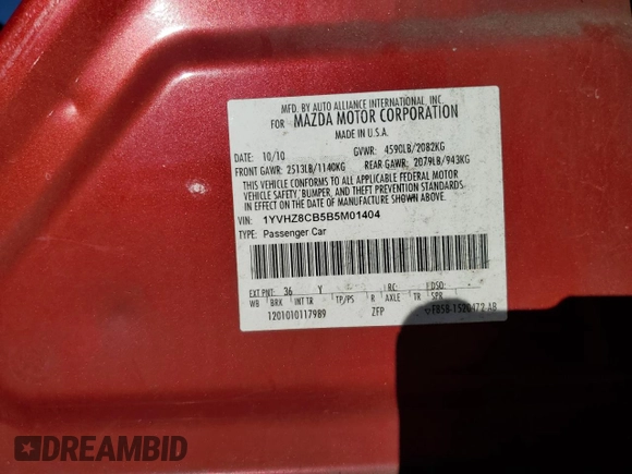 2011 Mazda 6 S Touring Plus with VIN 1YVHZ8CB5B5M01404, listed as a Copart auction lot 81613704 with 221,357 mi miles and Salvage Title. Bid and sale history available at DreamBid. Image 14.
