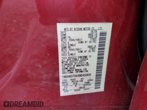 2004 Nissan Titan LE with VIN 1N6AA07AX4N545905, listed as a Copart auction lot 87151224 with 271,081 mi miles and Salvage Title. Bid and sale history available at DreamBid. Image 14.