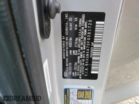 2015 Kia Optima LX with VIN 5XXGM4A70FG381720, listed as a Copart auction lot 50753425 with 161,752 mi miles and Salvage Title. Bid and sale history available at carsss.com. Image 12.