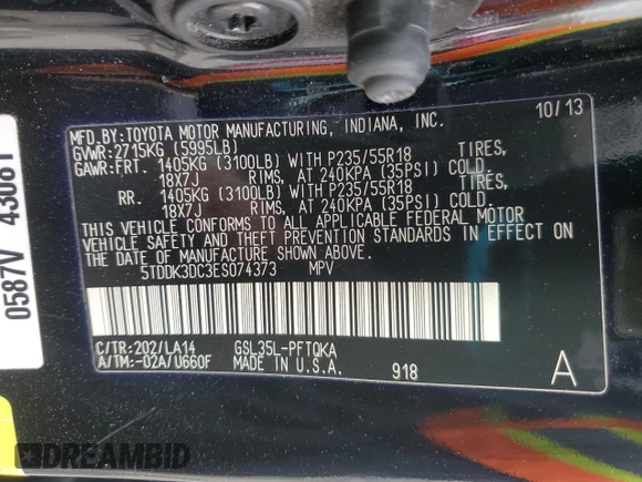 2014 Toyota Sienna Ltd with VIN 5TDDK3DC3ES074373, listed as a Copart auction lot 49814735 with 93,106 mi miles and Salvage Title. Bid and sale history available at carsss.com. Image 14.