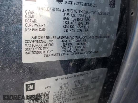 2021 Chevrolet Silverado 1500 Custom Trail Boss with VIN 1GCPYCEF9MZ145030, listed as a Copart auction lot 49267015 with 111,544 mi miles and Salvage Title. Bid and sale history available at DreamBid. Image 12.
