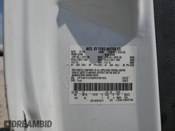 2013 Ford F-150 XL с VIN 1FTNF1CF8DKF00153, выставлен на аукционе Copart как лот 60737585 с пробегом 223 108 миль миль и Списание • Salvage title. История ставок и продаж доступна на DreamBid. Изображение 12.
