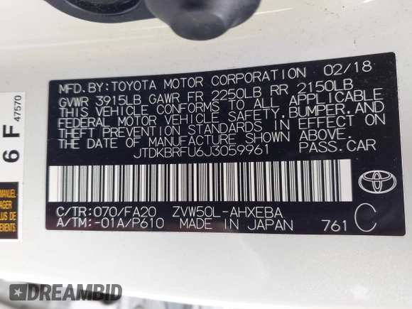 2018 Toyota Prius Two with VIN JTDKBRFU6J3059961, listed as a IAAI auction lot 41560764 with 29,188 mi miles. Bid and sale history available at carsss.com. Image 9.