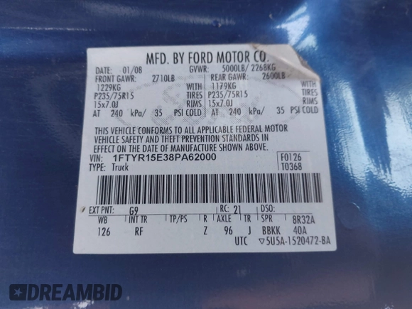 2008 Ford Ranger XL with VIN 1FTYR15E38PA62000, listed as a IAAI auction lot 41596827 with 95,578 mi miles and . Bid and sale history available at DreamBid. Image 9.