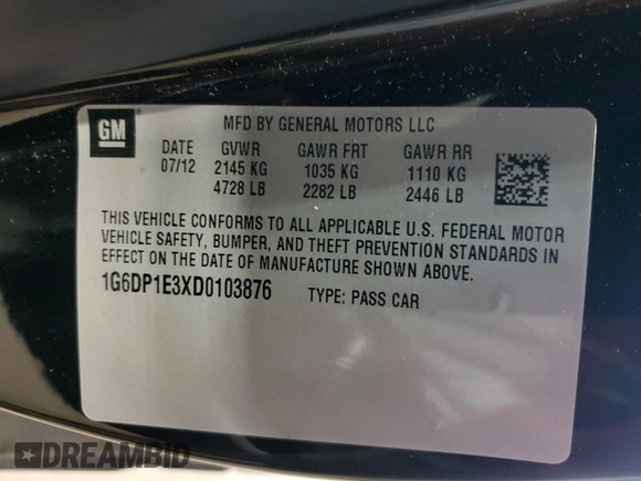 2013 Cadillac CTS Premium with VIN 1G6DP1E3XD0103876, listed as a Copart auction lot 53304795 with 94,963 mi miles and Salvage Title. Bid and sale history available at DreamBid. Image 12.
