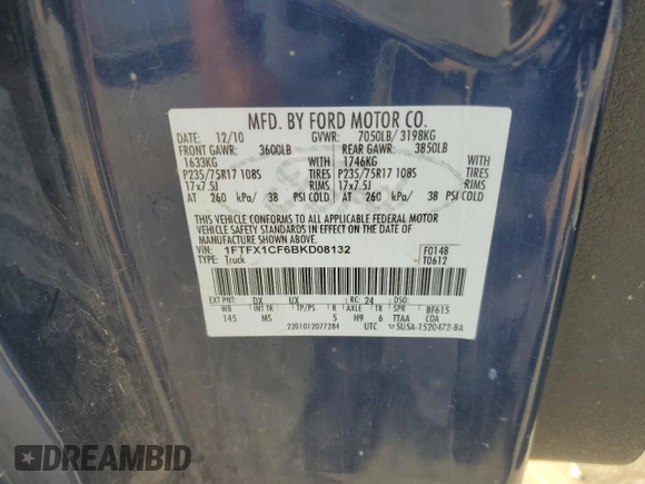 2011 Ford F-150 XL with VIN 1FTFX1CF6BKD08132, listed as a Copart auction lot 52535395 with Not provided miles and Salvage title. Bid and sale history available at DreamBid. Image 12.