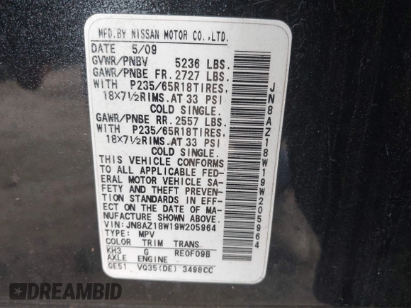 2009 Nissan Murano S with VIN JN8AZ18W19W205964, listed as a IAAI auction lot 42161698 with 154,503 mi miles and . Bid and sale history available at carsss.com. Image 9.