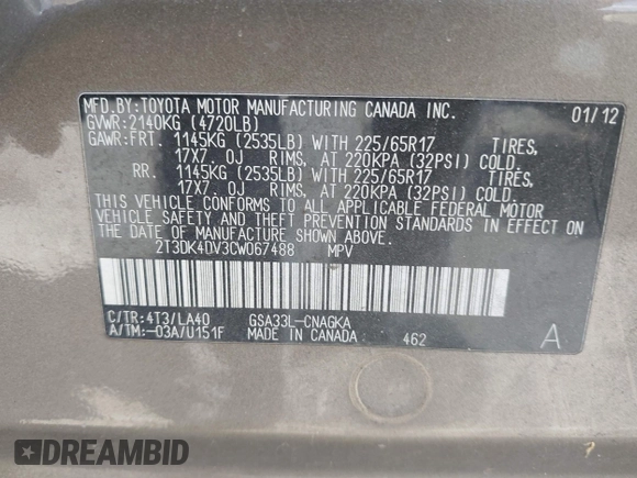 2012 Toyota RAV4 Limited with VIN 2T3DK4DV3CW067488, listed as a IAAI auction lot 41987924 with 197,038 mi miles. Bid and sale history available at carsss.com. Image 9.