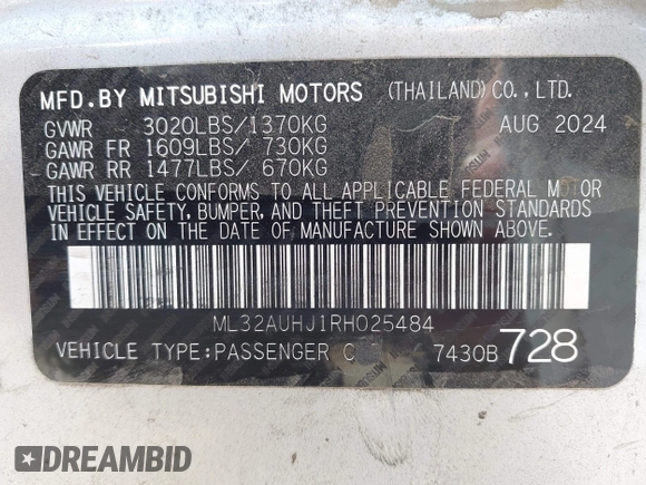 2024 Mitsubishi Mirage ES z VIN ML32AUHJ1RH025484, wystawiony jako IAAI lot #42397481 z przebiegiem 15 111 mil mil oraz . Historia ofert i sprzedaży dostępna na DreamBid. Obrazek 9.