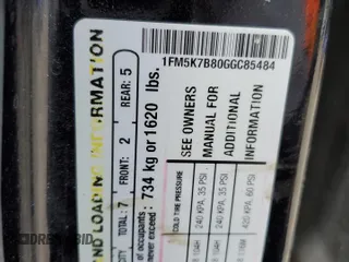 2016 Ford Explorer z VIN 1FM5K7B80GGC85484, wystawiony jako Copart lot #57242715 z przebiegiem Nie podano mil oraz Szkoda całkowita • Salvage title. Historia ofert i sprzedaży dostępna na DreamBid. Obrazek 14.