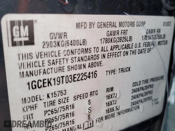 2003 Chevrolet Silverado 1500 LT with VIN 1GCEK19T03E225416, listed as a Copart auction lot 51008865 with Not Provided miles and Salvage Title. Bid and sale history available at carsss.com. Image 13.
