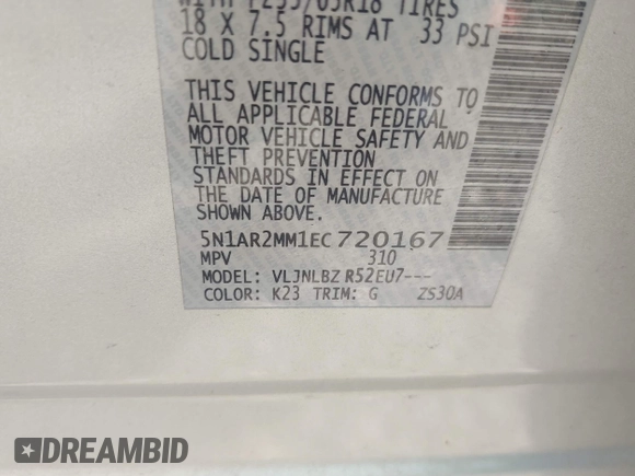 2014 Nissan Pathfinder S with VIN 5N1AR2MM1EC720167, listed as a IAAI auction lot 42449301 with 123,604 mi miles and . Bid and sale history available at DreamBid. Image 9.