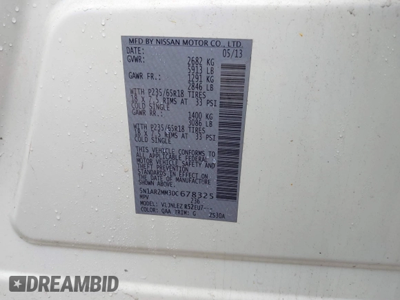 2013 Nissan Pathfinder Platinum with VIN 5N1AR2MM3DC678325, listed as a IAAI auction lot 42699635 with 145,344 mi miles and . Bid and sale history available at DreamBid. Image 9.