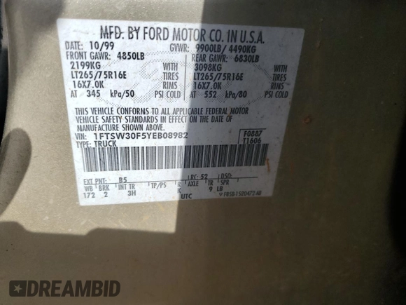 2000 Ford F-350 XL with VIN 1FTSW30F5YEB08982, listed as a Copart auction lot 50534025 with 336,411 mi miles and Salvage Title. Bid and sale history available at DreamBid. Image 14.