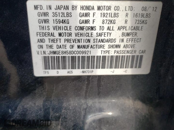 2013 Honda Fit Sport with VIN JHMGE8H58DC009921, listed as a Copart auction lot 44531945 with 0 mi miles and Salvage Title. Bid and sale history available at carsss.com. Image 13.