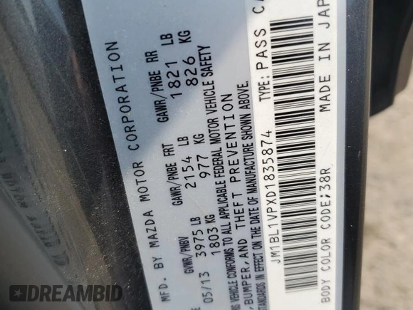 2013 Mazda 3 i Touring with VIN JM1BL1VPXD1835874, listed as a Copart auction lot 59709455 with 101,602 mi miles and Salvage title. Bid and sale history available at DreamBid. Image 12.