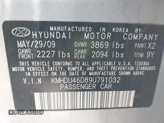 2009 Hyundai Elantra GLS with VIN KMHDU46D89U791032, listed as a IAAI auction lot 42127844 with 149,743 mi miles and . Bid and sale history available at DreamBid. Image 9.